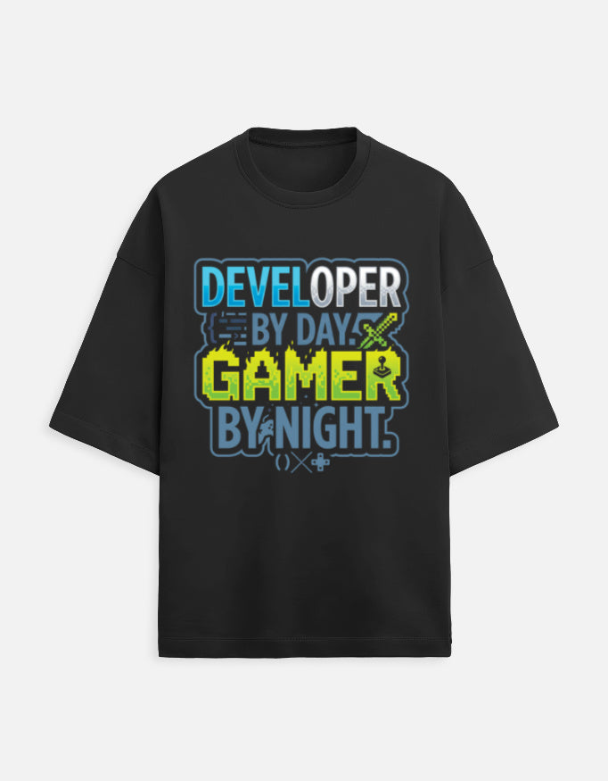 Developer By Day Gamer By Night Heavyweight Oversized T-Shirt | Crazeo